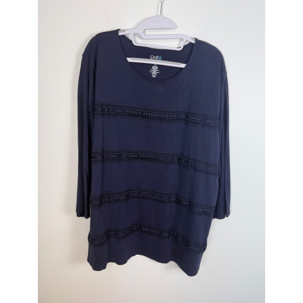 Croft & Barrow Navy Blue Intricate Crochet Lace 3/4 Sleeve Top Womens Plus 3X